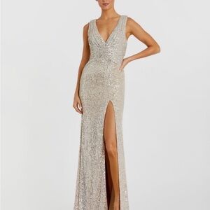 Mac Duggal Nude/Gold V-Neck Sequin Wrap Waist Gown